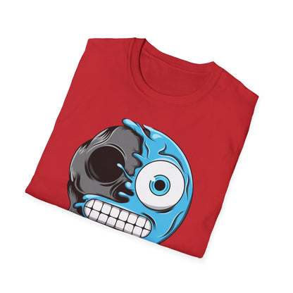 Epic Melting Skull & Blue Cartoon Split Face T-Shirt | Unique Edgy Graphic Tee for Streetwear & Art Lovers