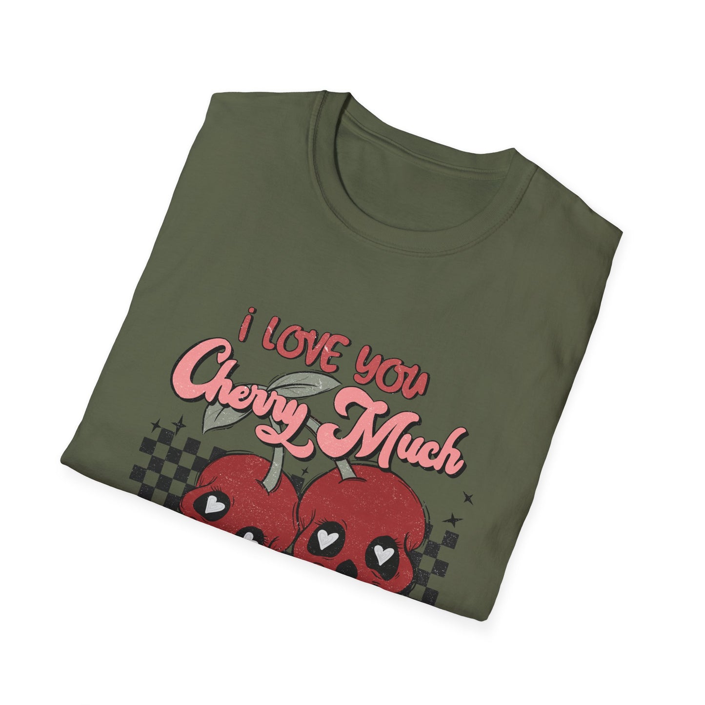 I Love You Cherry Much T-Shirt | Sweet Skull Cherries & Retro Checkerboard Tee | Unique Valentine's Love Pun Top for Couples