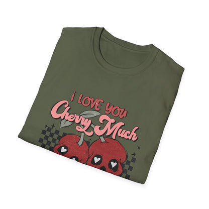 I Love You Cherry Much T-Shirt | Sweet Skull Cherries & Retro Checkerboard Tee | Unique Valentine's Love Pun Top for Couples