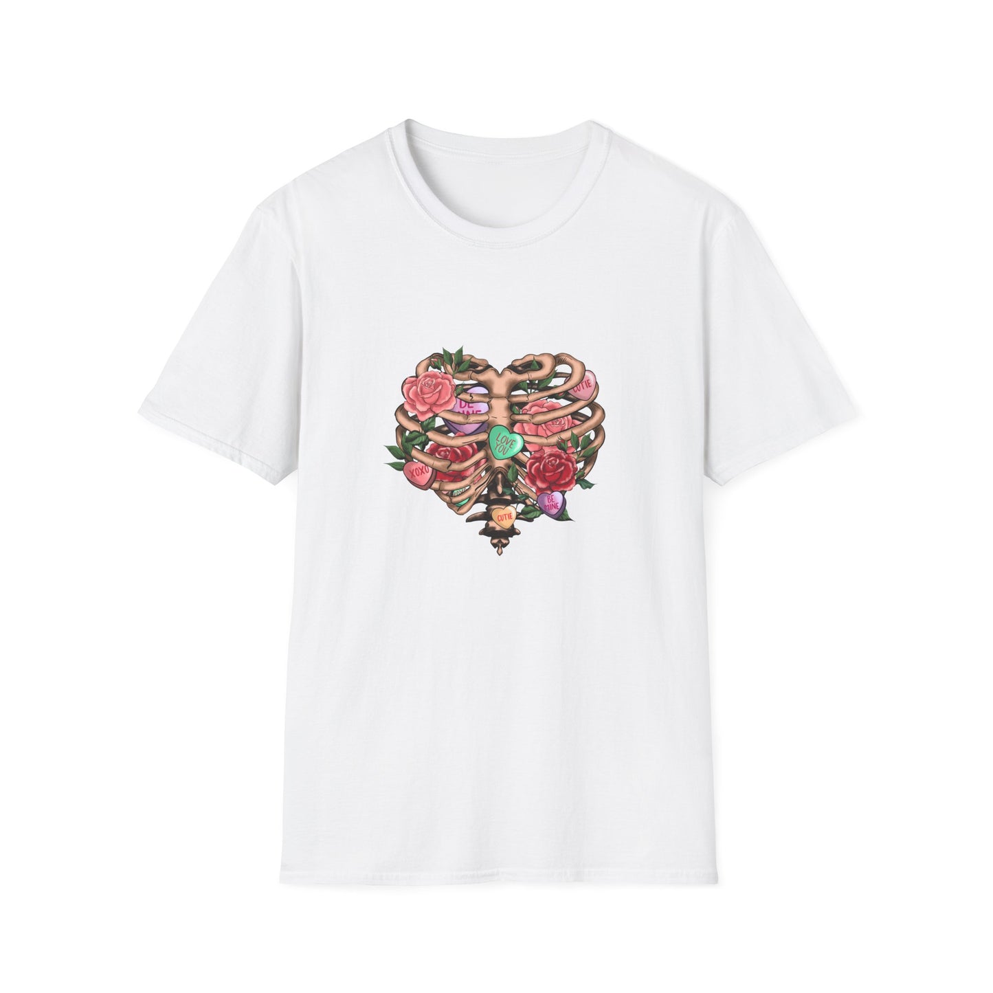 Captivating Anatomical Love Rib Cage T-Shirt - Edgy Floral Valentine's Day Conversation Hearts Tee for Unique Romance