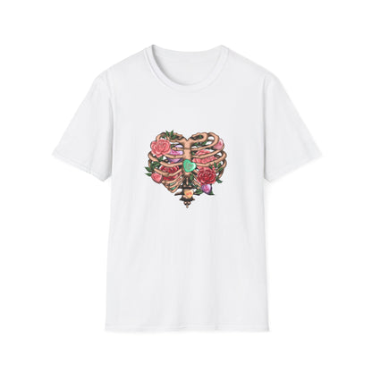 Captivating Anatomical Love Rib Cage T-Shirt - Edgy Floral Valentine's Day Conversation Hearts Tee for Unique Romance