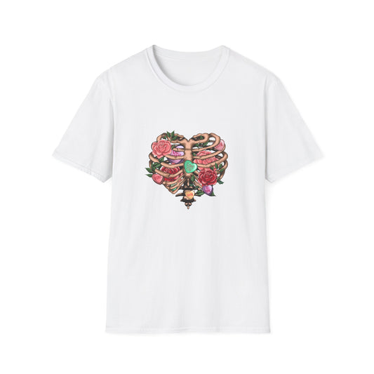 Captivating Anatomical Love Rib Cage T-Shirt - Edgy Floral Valentine's Day Conversation Hearts Tee for Unique Romance