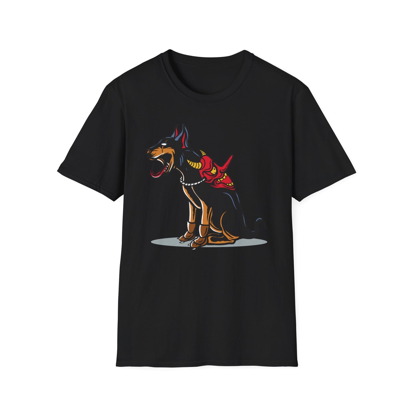 Fierce Doberman Hannya Mask T-Shirt: Epic Japanese Demon Dog Design. Bold Statement Tee for Edgy Dog Lovers & Culture Fans.