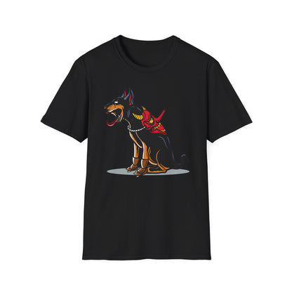 Fierce Doberman Hannya Mask T-Shirt: Epic Japanese Demon Dog Design. Bold Statement Tee for Edgy Dog Lovers & Culture Fans.