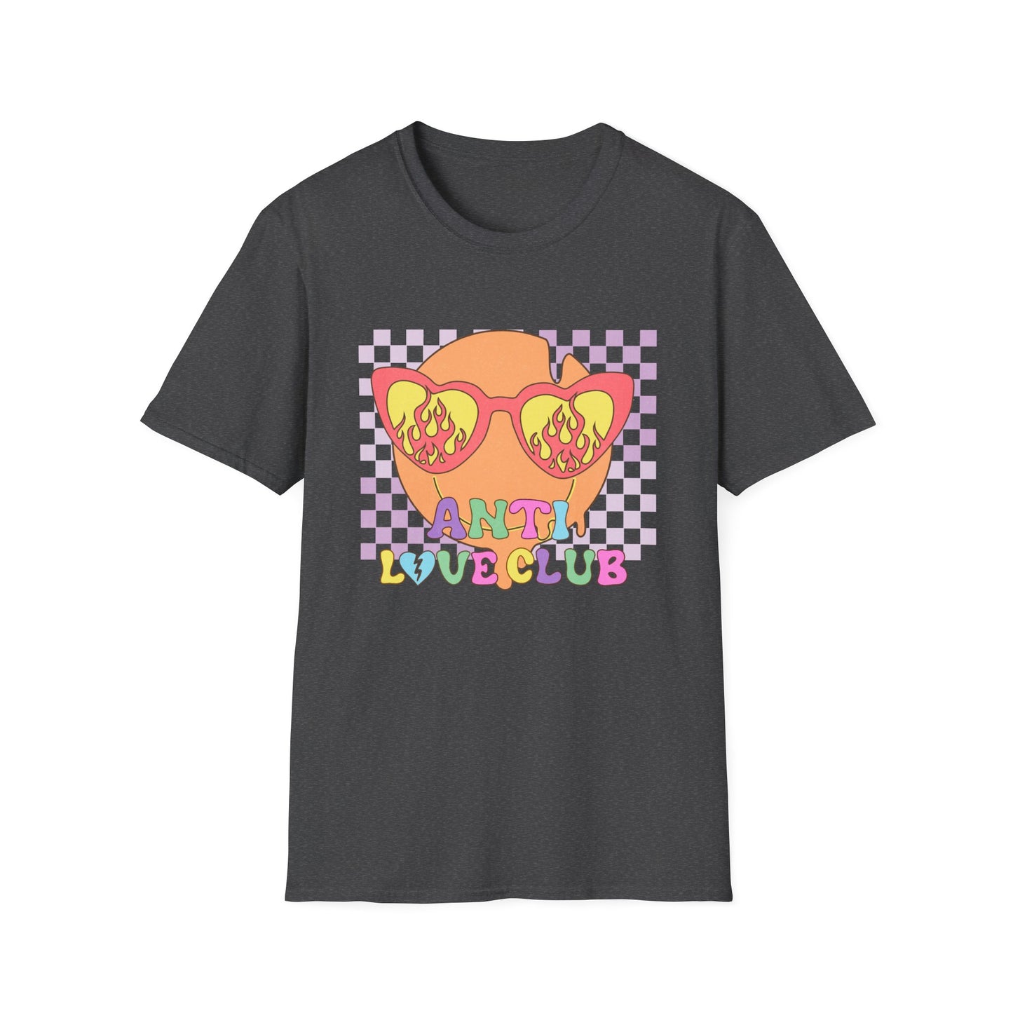Unapologetic Anti Love Club T-Shirt | Edgy Broken Heart & Flame Sunglasses Tee | Retro Y2K Groovy Apparel