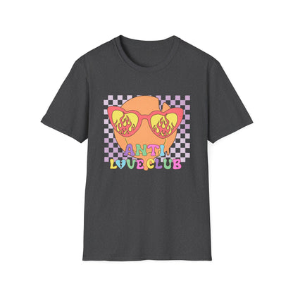 Unapologetic Anti Love Club T-Shirt | Edgy Broken Heart & Flame Sunglasses Tee | Retro Y2K Groovy Apparel