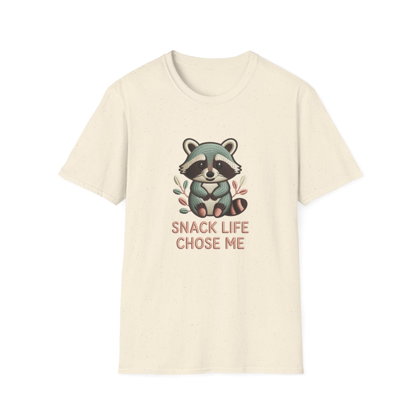 Adorable "Snack Life Chose Me" Raccoon T-Shirt | Funny Embroidered Style Animal Lover Tee | Cozy Unisex Foodie Gift
