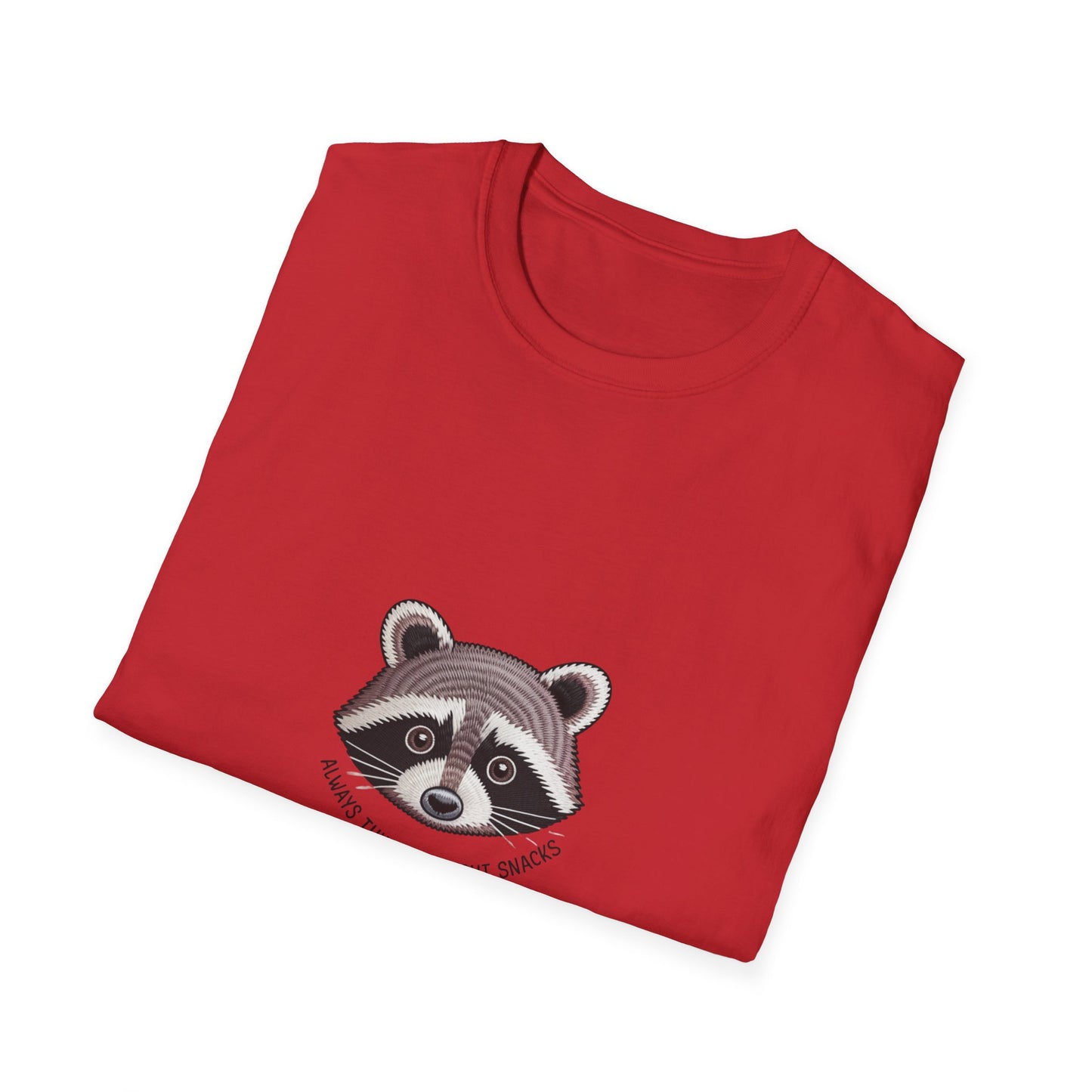 Hilarious Raccoon "Always Thinking About Snacks" Embroidered T-Shirt | Adorable Animal Lover Gift Tee