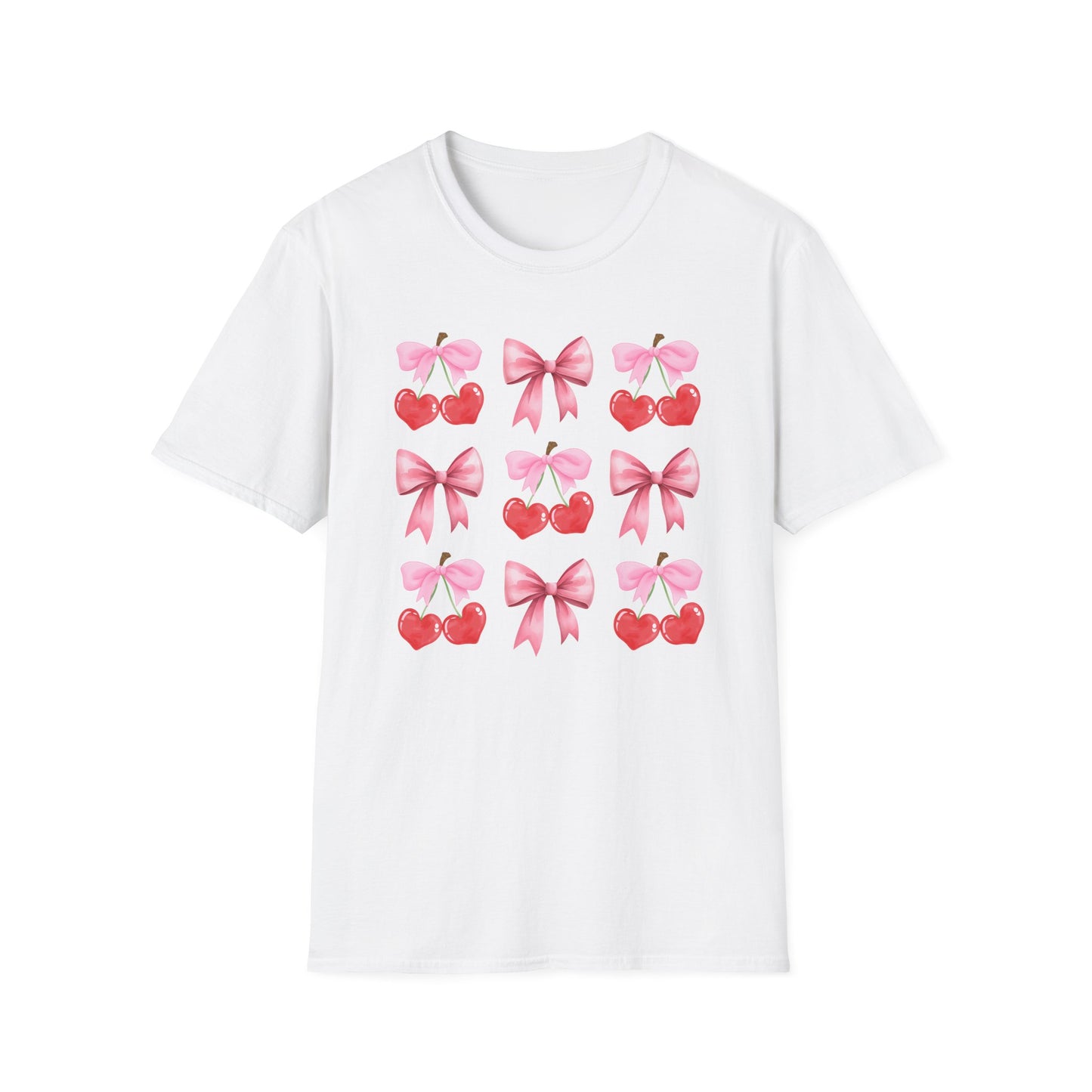 Delightful Pink Bow & Heart Cherry T-Shirt - Adorable Lovecore Aesthetic Tee for Her | Sweet Valentine's Gift