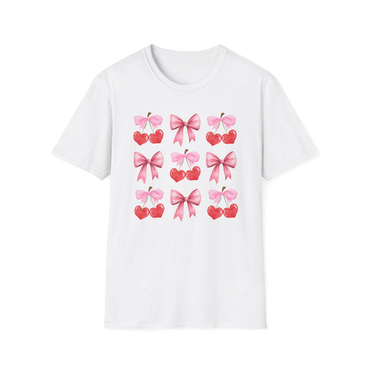 Delightful Pink Bow & Heart Cherry T-Shirt - Adorable Lovecore Aesthetic Tee for Her | Sweet Valentine's Gift