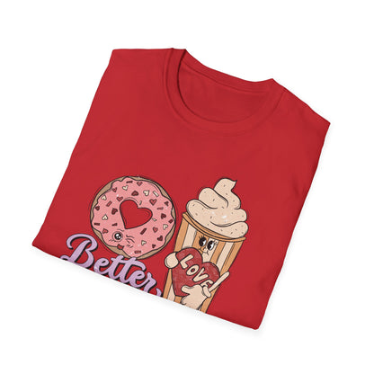 Adorable 'Better Together' Donut & Coffee Love T-Shirt | Retro Vintage Sweet Treat Couple's Tee | Perfect Valentine's Gift