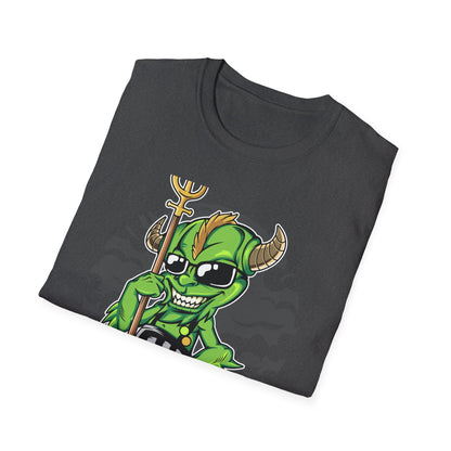 Wicked Mischievous Green Imp T-Shirt | Cool Cartoon Devil with Trident & Checkered Pants | Edgy Graphic Tee