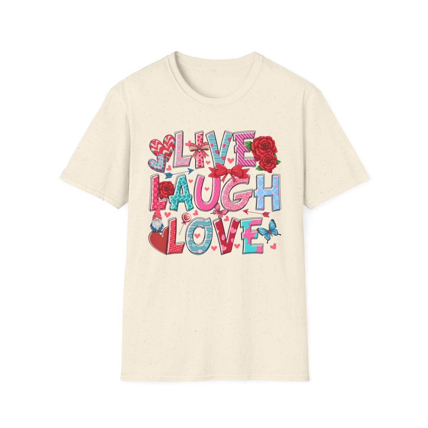 Ultimate Live Laugh Love T-Shirt | Charming Valentine's Gnome & Rose Heart Tee | Expressive Gift for Her