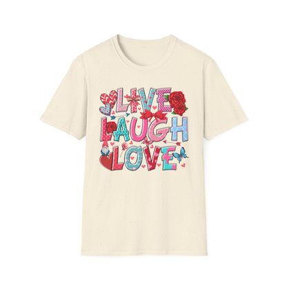 Ultimate Live Laugh Love T-Shirt | Charming Valentine's Gnome & Rose Heart Tee | Expressive Gift for Her