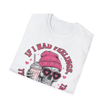 Sassy Skull Feelings T-Shirt - Trendy Pink Beanie & Heart Glasses Milkshake Tee | Funny Anti-Valentine's Edgy Humor Gift