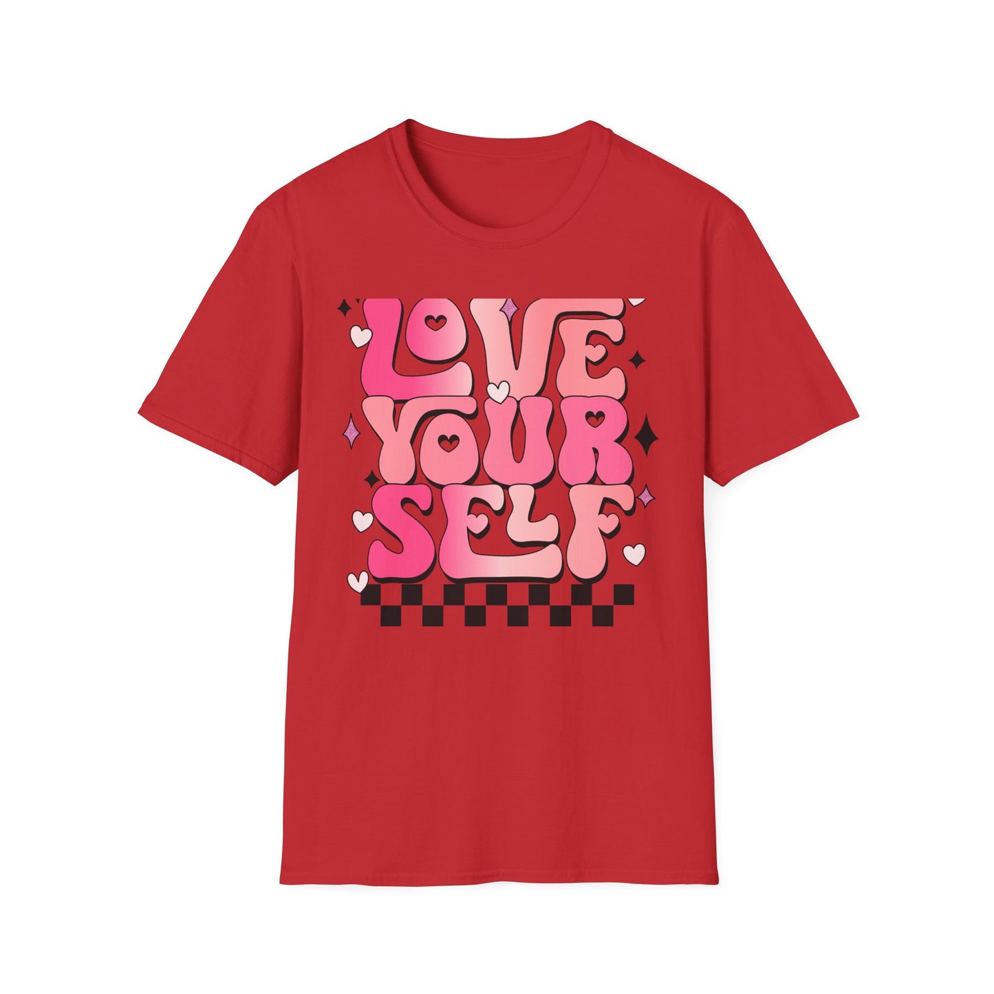 Groovy "Love Yourself" T-Shirt | Pink Retro Self-Love Tee with Hearts & Sparkles | Empowering & Chic Women's Affirmation Top