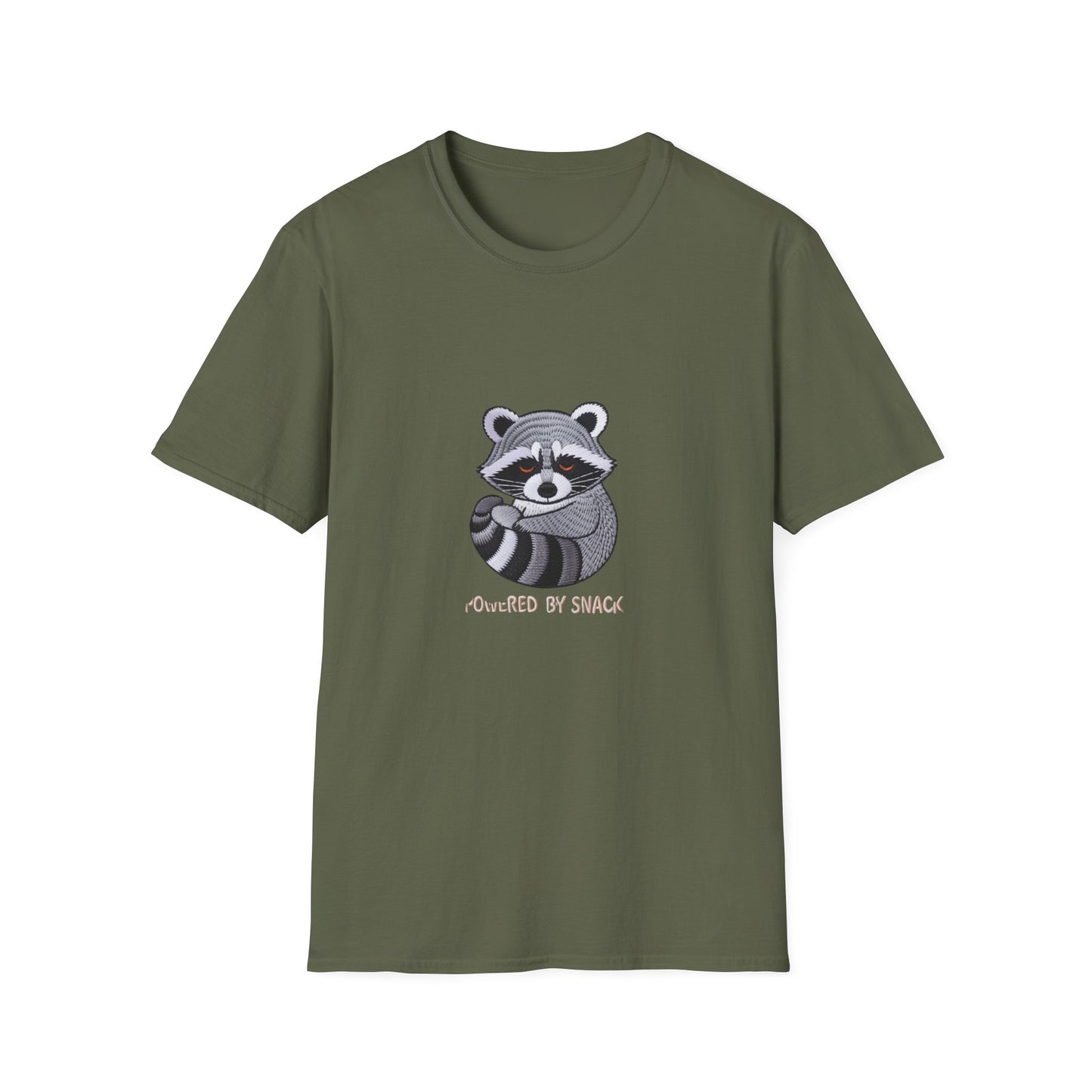 Adorable 'Powered By Snack' Raccoon T-Shirt - Hilarious Animal Lover Tee for Cozy Comfort & Snack Enthusiasts. Must-Have Gift!
