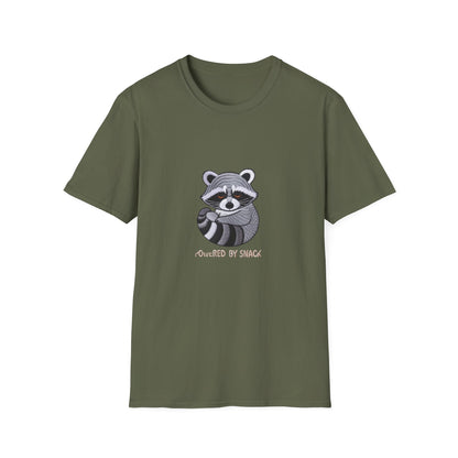 Adorable 'Powered By Snack' Raccoon T-Shirt - Hilarious Animal Lover Tee for Cozy Comfort & Snack Enthusiasts. Must-Have Gift!