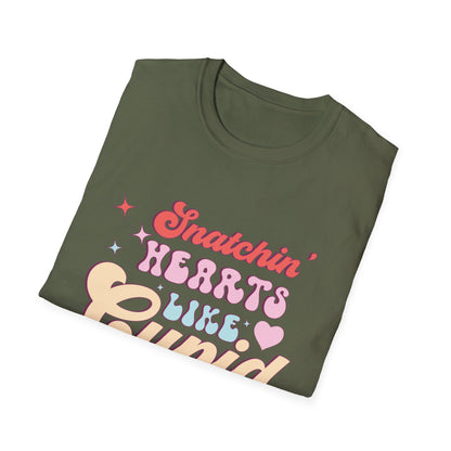 Snatchin' Hearts Like Cupid Groovy T-Shirt | Trendy Retro Valentine's Tee for Her | Playful Flirty Love & Romance Style