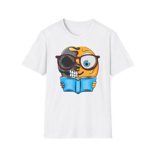 Clever Duality T-Shirt: Smart Skull & Emoji Bookworm Reader Tee for Unique Minds. Striking Graphic Top Gift.