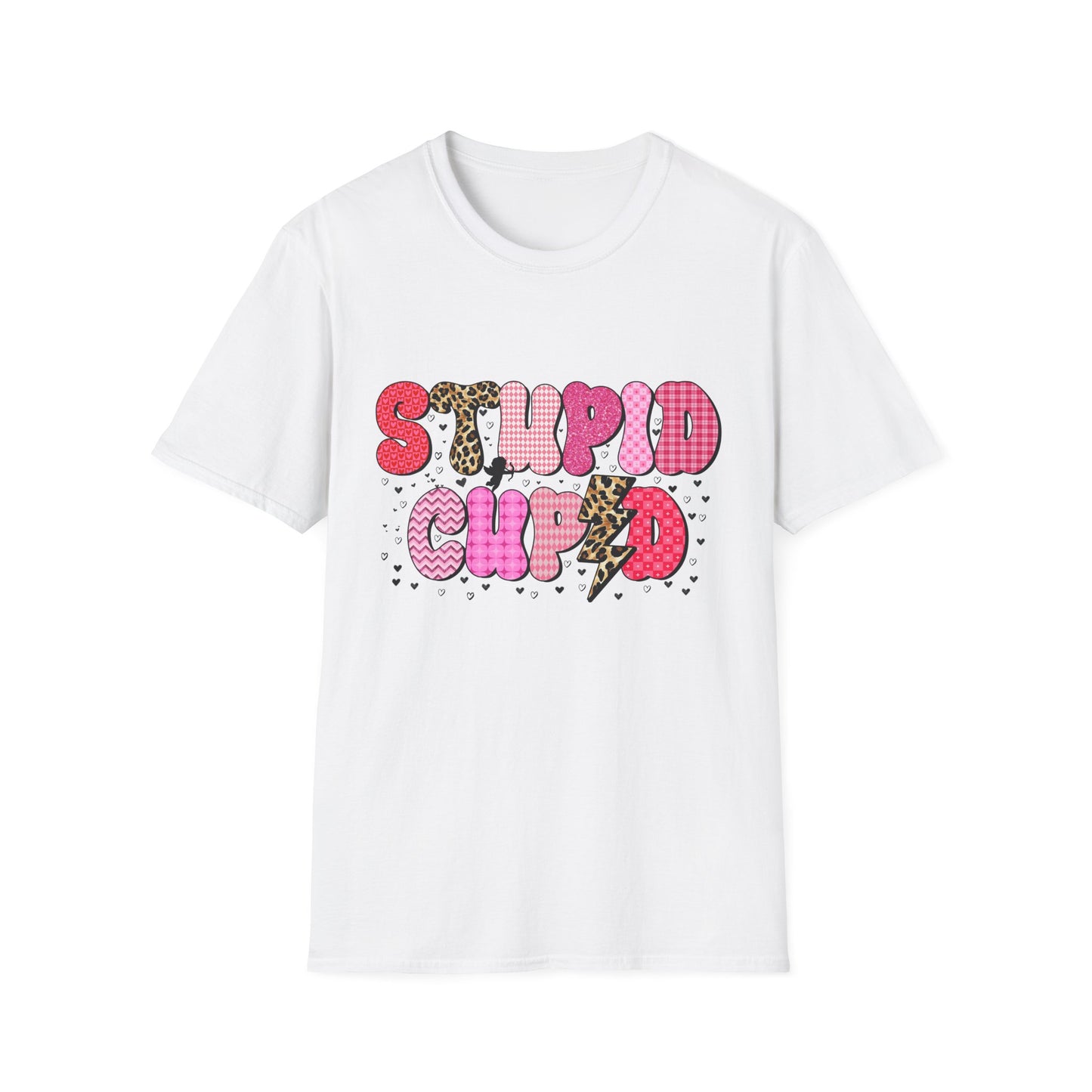 Edgy "Stupid Cupid" T-Shirt - Sarcastic Anti-Valentine's Day Tee with Retro Leopard & Glitter Patterns