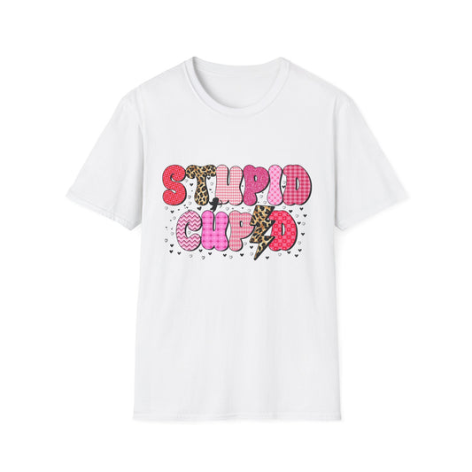 Edgy "Stupid Cupid" T-Shirt - Sarcastic Anti-Valentine's Day Tee with Retro Leopard & Glitter Patterns