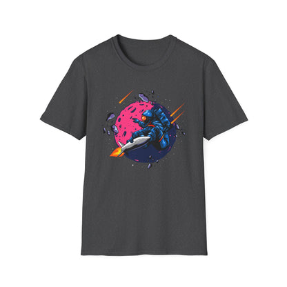 Epic Space Surfer Astronaut T-Shirt | Thrilling Galactic Rocket Ride Design Tee for Sci-Fi & Adventure Fans