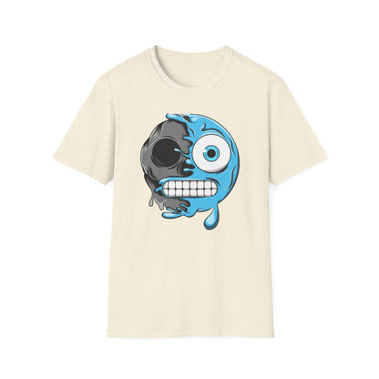 Epic Melting Skull & Blue Cartoon Split Face T-Shirt | Unique Edgy Graphic Tee for Streetwear & Art Lovers