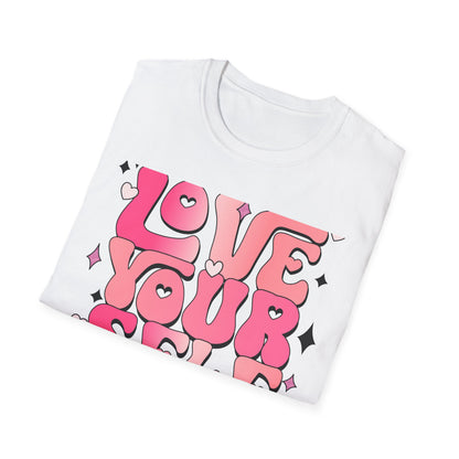 Groovy "Love Yourself" T-Shirt | Pink Retro Self-Love Tee with Hearts & Sparkles | Empowering & Chic Women's Affirmation Top