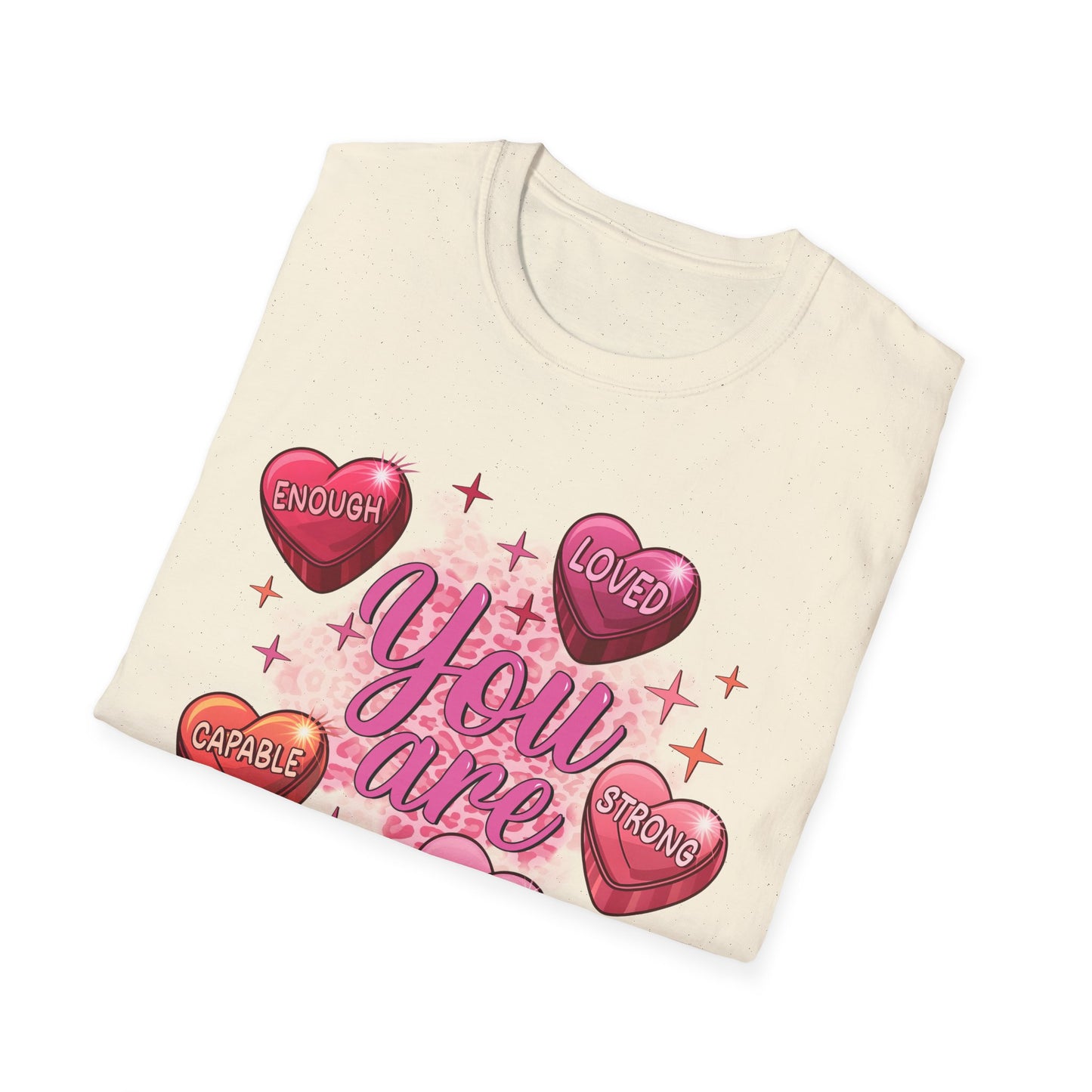 Vibrant 'You Are' Empowering T-Shirt | Self-Love Conversation Hearts & Leopard Print Tee for Women & Girls | Positive Affirmation Gift