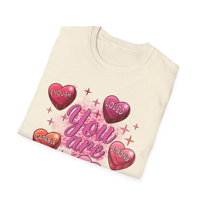 Empowering "You Are" Self-Love T-Shirt: Sweet Candy Heart Affirmations & Chic Leopard Print for Her