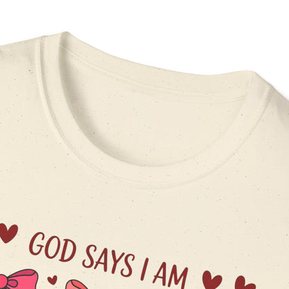 Empowering God Says I Am T-Shirt | Divine Christian Affirmation Tee for Women & Girls with Cute Bows & Hearts