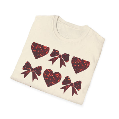 Dazzling Sparkle Hearts & Bows T-Shirt | Chic Glitter Love Tee for Women | Radiant Valentine's Day Gift