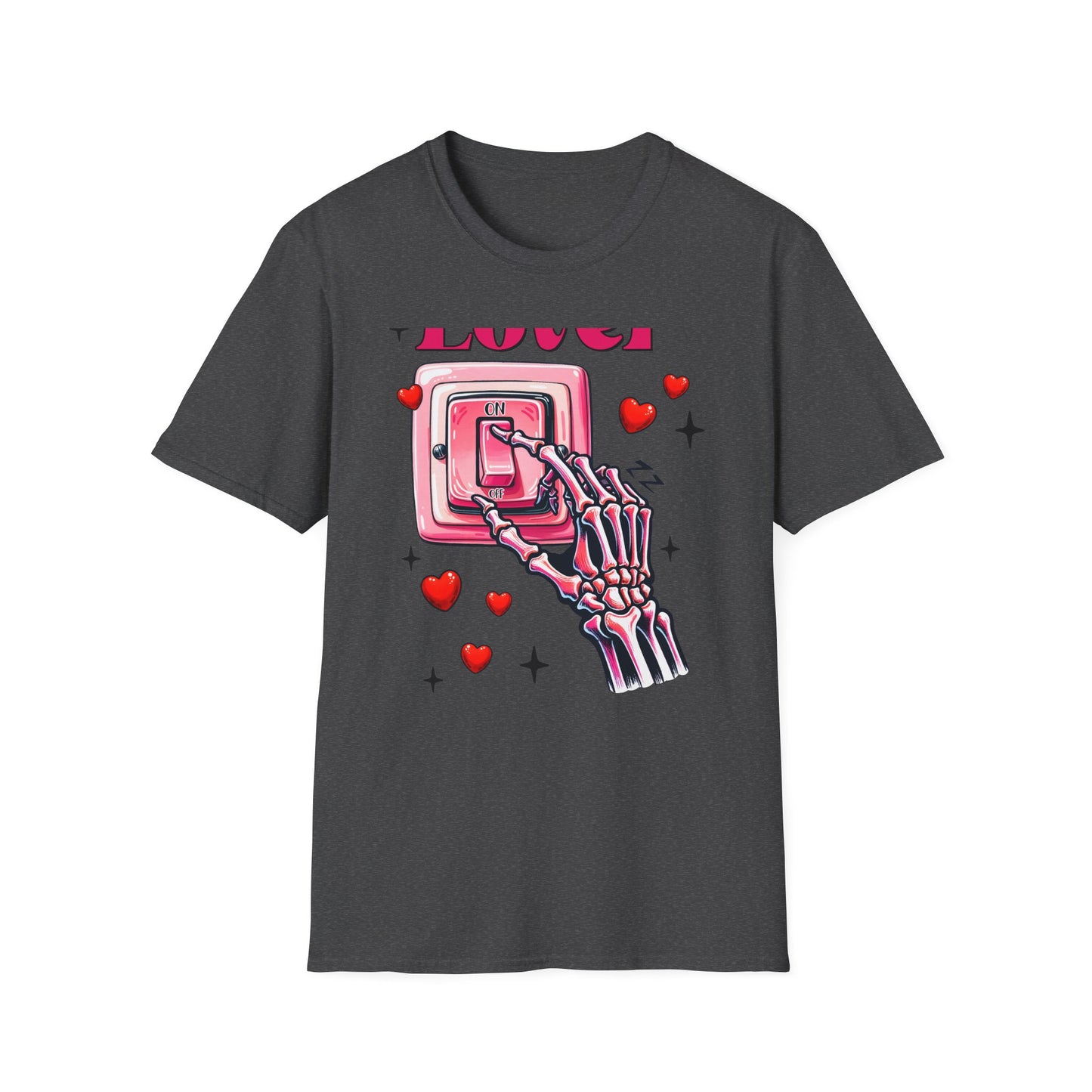 Unique Lover T-Shirt | Edgy Skeleton Hand & Love Switch Graphic Tee | Romantic Valentine's Day Statement Gift