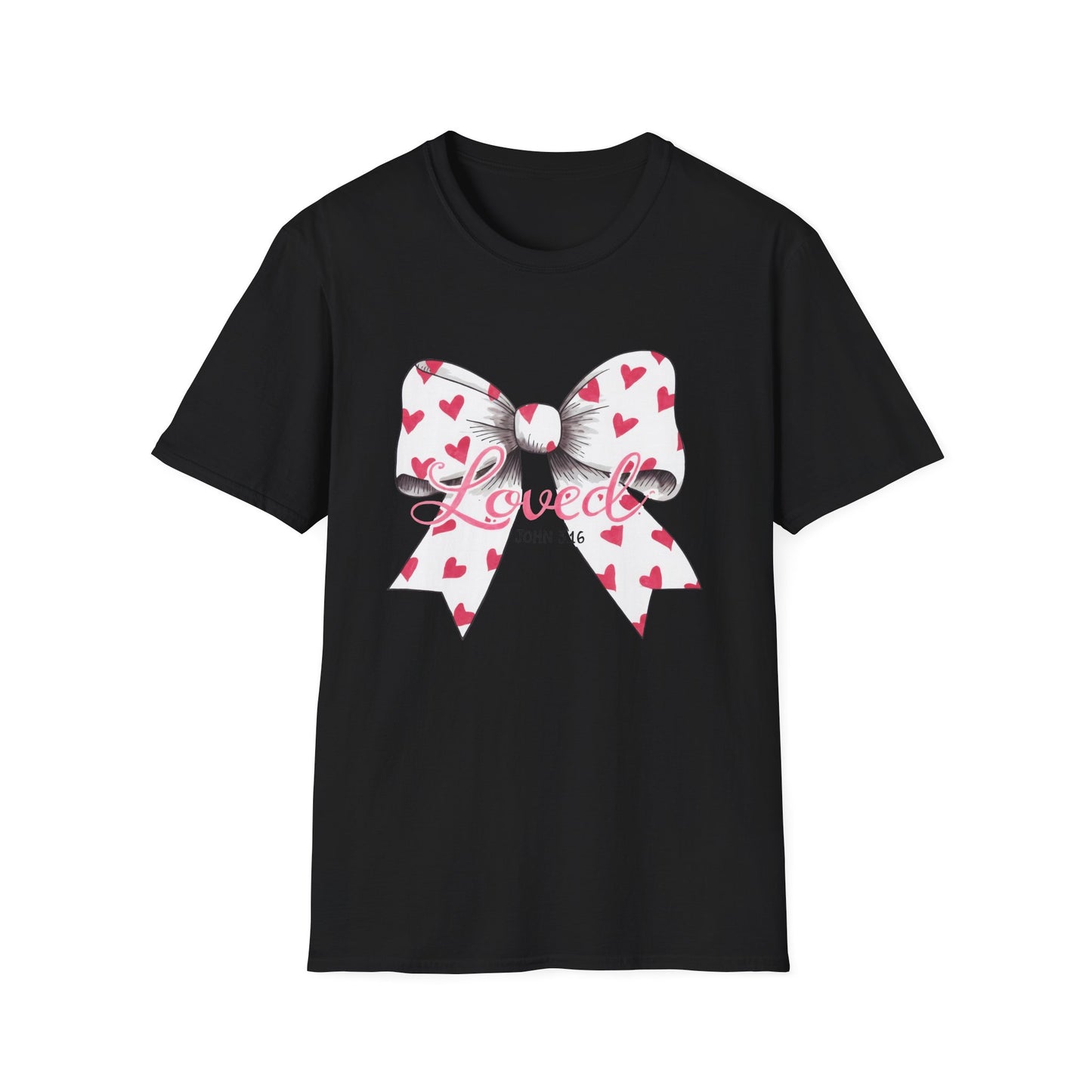 Inspiring 'Loved' John 3:16 T-Shirt | Christian Faith Tee with Hearts Bow | Beautiful Spiritual Gift for Women