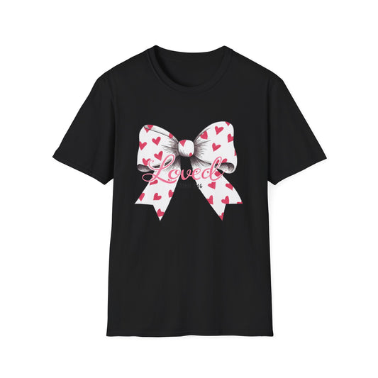 Inspiring 'Loved' John 3:16 T-Shirt | Christian Faith Tee with Hearts Bow | Beautiful Spiritual Gift for Women