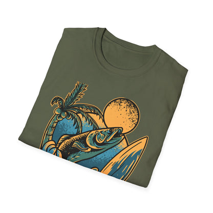 Epic Fish Jump Surf & Palm Tree T-Shirt | Vintage Ocean Lover Angler Tee | Coastal Adventure Apparel Gift