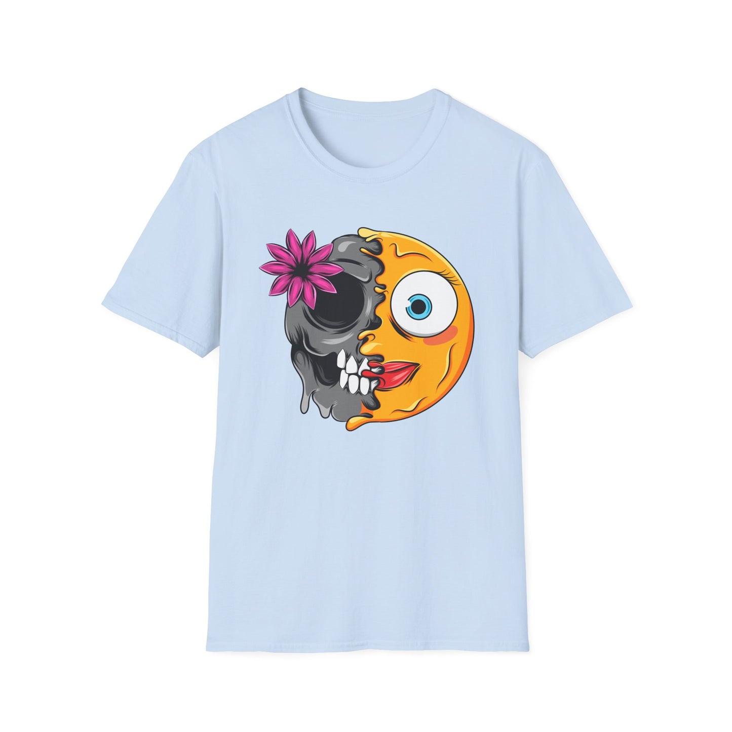 Striking Melting Emoji Skull T-Shirt – Unique Duality Graphic Tee for Edgy, Alternative & Goth Styles