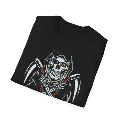 Epic Grim Reaper T-Shirt: Skull & Scythes Design. Bold Gothic Halloween Tee for Men & Women. Unleash Your Inner Darkness!