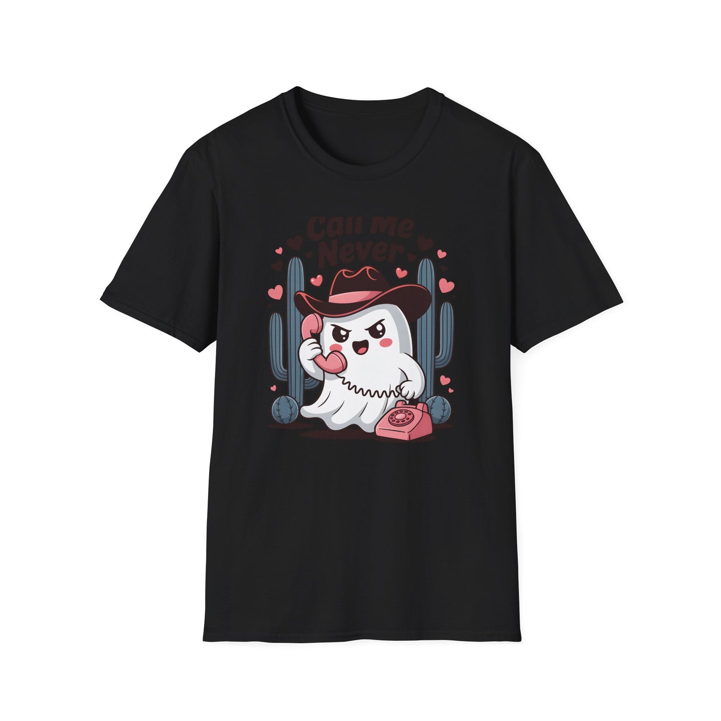 Sassy "Call Me Never" Ghost T-Shirt | Funny Anti-Valentine's Cowboy Ghost Tee | Trendy Western Desert Spooky Cute Apparel