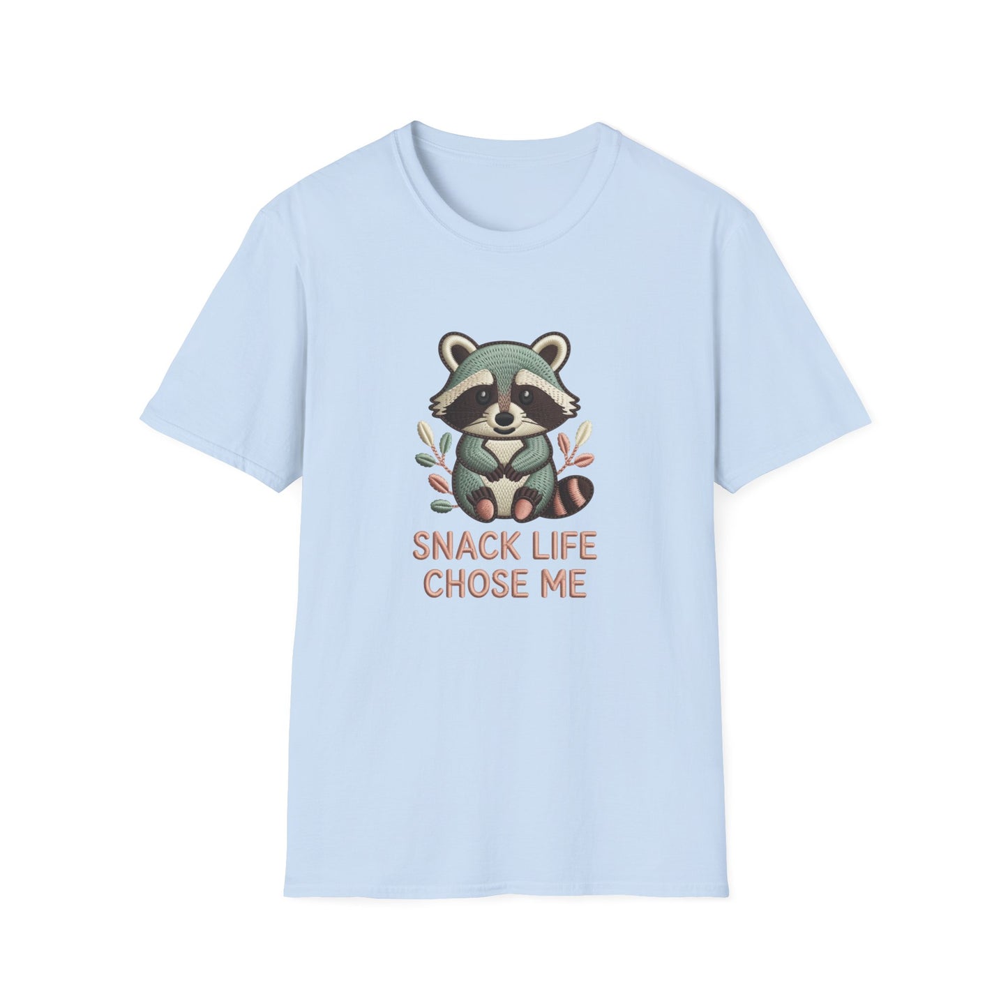 Adorable "Snack Life Chose Me" Raccoon T-Shirt | Funny Embroidered Style Animal Lover Tee | Cozy Unisex Foodie Gift