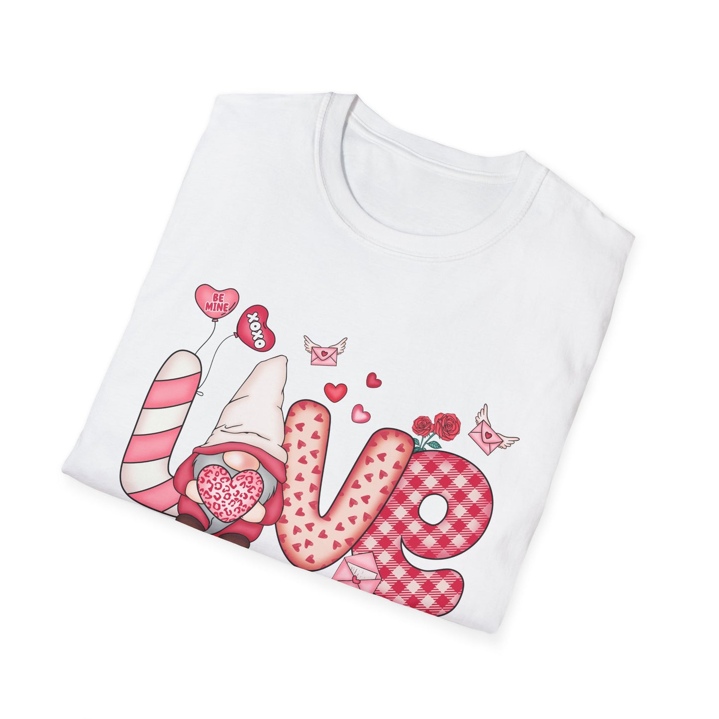 Charming Valentine's LOVE Gnome T-Shirt - Adorable Heart & Rose Tee for Her, Perfect Romantic Gift Idea
