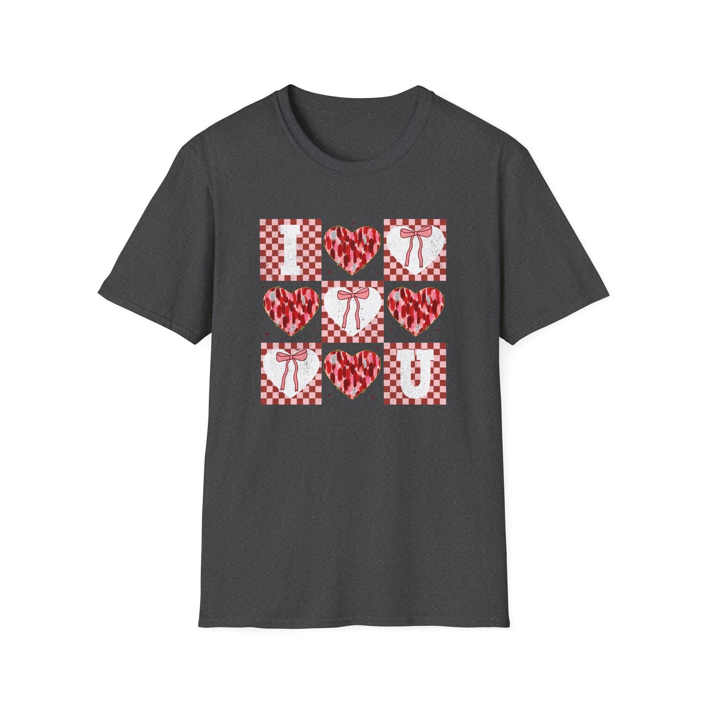 Chic "I Love You" Heart & Bow T-Shirt - Unique Distressed Checkered Design for Valentine's Day & Romantic Gifts for Her
