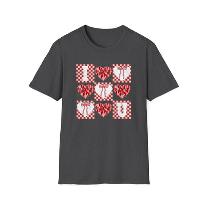 Chic "I Love You" Heart & Bow T-Shirt - Unique Distressed Checkered Design for Valentine's Day & Romantic Gifts for Her