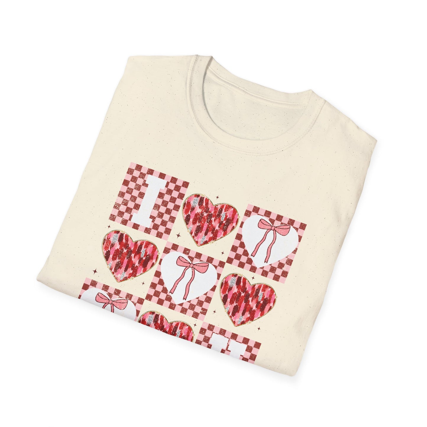 Chic "I Love You" Heart & Bow T-Shirt - Unique Distressed Checkered Design for Valentine's Day & Romantic Gifts for Her