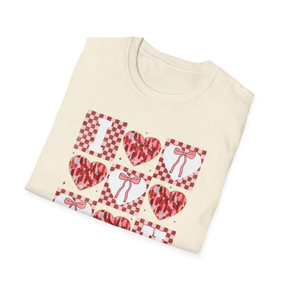 Chic "I Love You" Heart & Bow T-Shirt - Unique Distressed Checkered Design for Valentine's Day & Romantic Gifts for Her