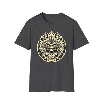Striking Feather Headdress Skull T-Shirt | Mystic Tribal Warrior Graphic Tee | Bold Unique Apparel for Edgy Souls