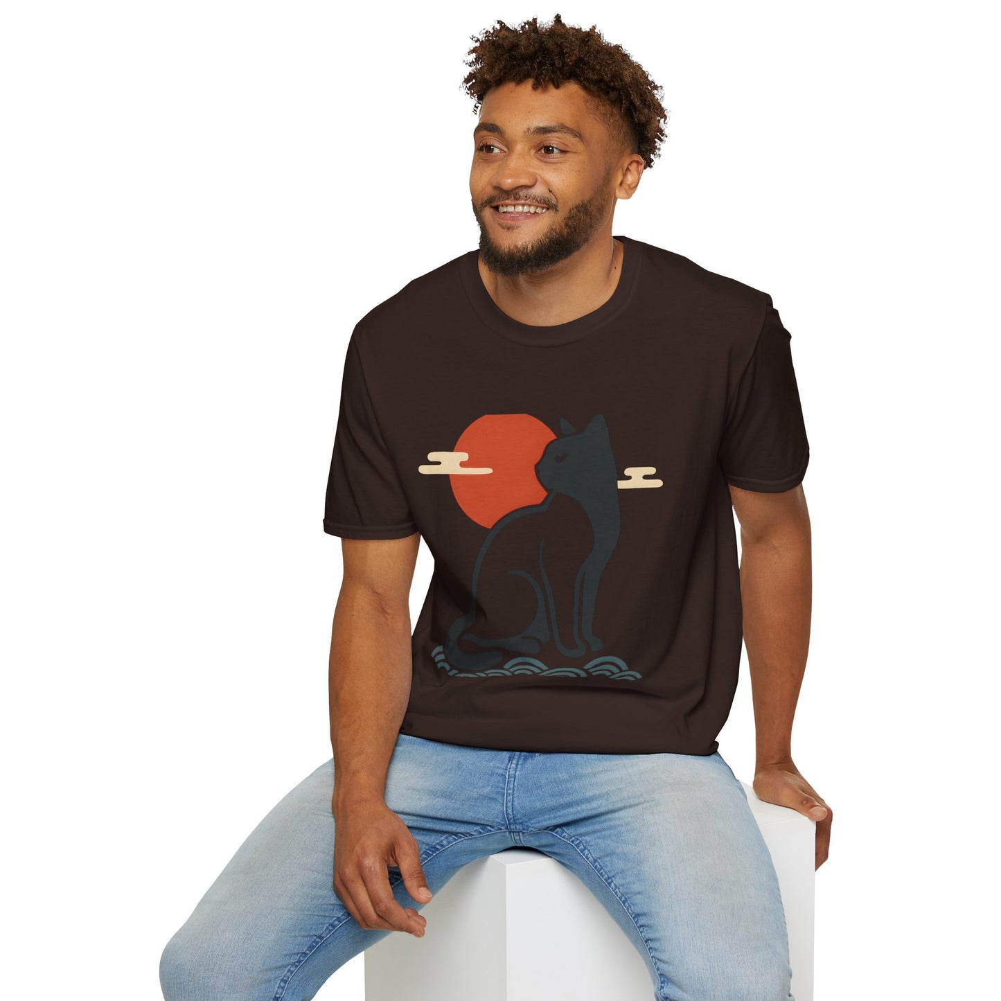 Japanese Cat Silhouette Red Sun Graphic T-Shirt
