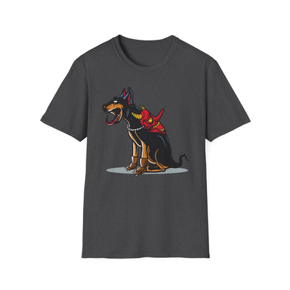 Fierce Doberman Hannya Mask T-Shirt: Epic Japanese Demon Dog Design. Bold Statement Tee for Edgy Dog Lovers & Culture Fans.