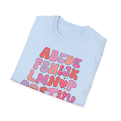 Vibrant Groovy Alphabet T-Shirt | Cute Heart Letter Retro Aesthetic Tee | Fun Teacher & Valentine's Day Gift